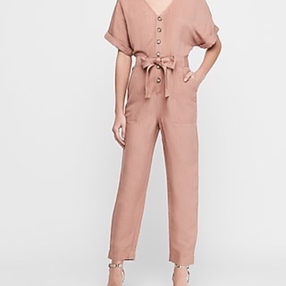 Express Pink Button Front Utility Jumpsuit - Picture 1 of 5